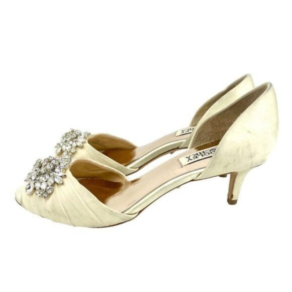 BADGLEY MISCHKA Crystal Embellished Peep Toe Satin Ivory Pump SZ 6 NEW